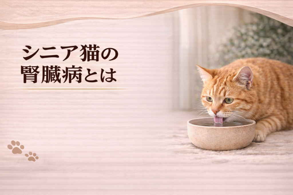 シニア猫が水を飲んでいる様子と腎臓病の特徴を説明するイメージ画像