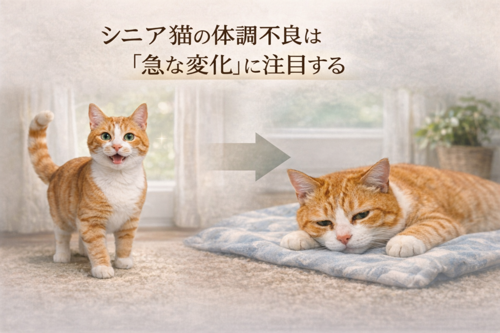 元気な状態とぐったりした状態を比較し、シニア猫の急な体調変化を示した画像