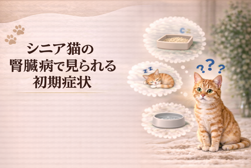 シニア猫の腎臓病の初期症状として食欲低下や多飲多尿、活動量の変化を示すイメージ画像