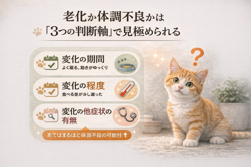 シニア猫の体調変化を期間・程度・他症状の3つの判断軸で見極めるポイントを示した画像