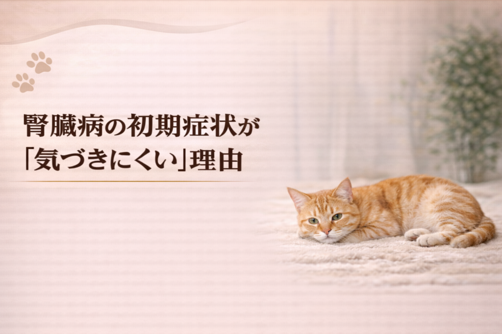 シニア猫が横になっている様子と腎臓病の初期症状が気づきにくい理由を解説するイメージ画像