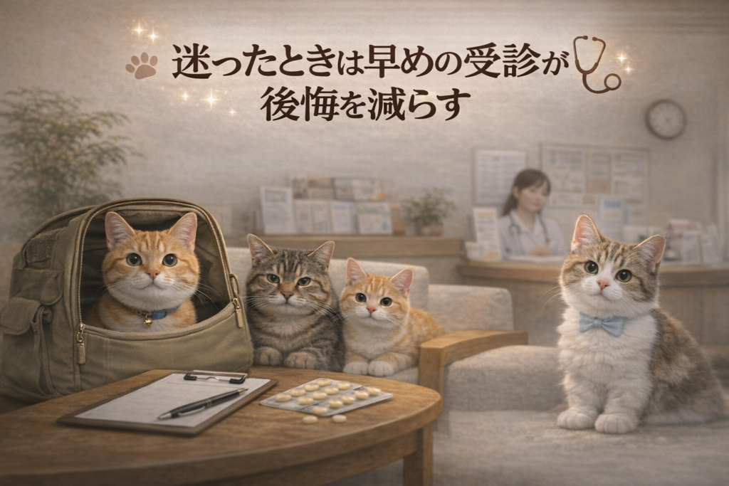 シニア猫の体調不良に迷ったときは早めの受診が重要であることを示した画像