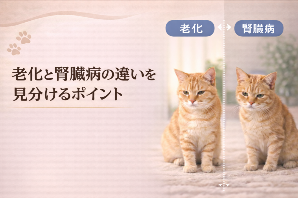 シニア猫の老化と腎臓病の違いを比較して見分けるポイントを示すイメージ画像