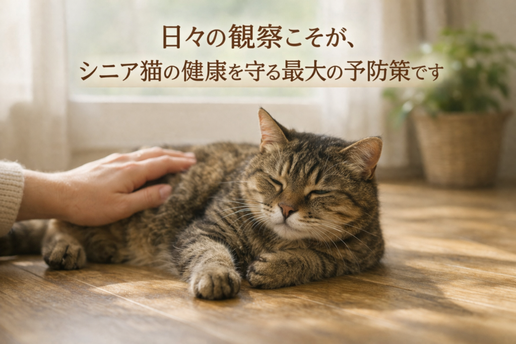 シニア猫の健康を守るために日々の観察が重要であることを示した画像