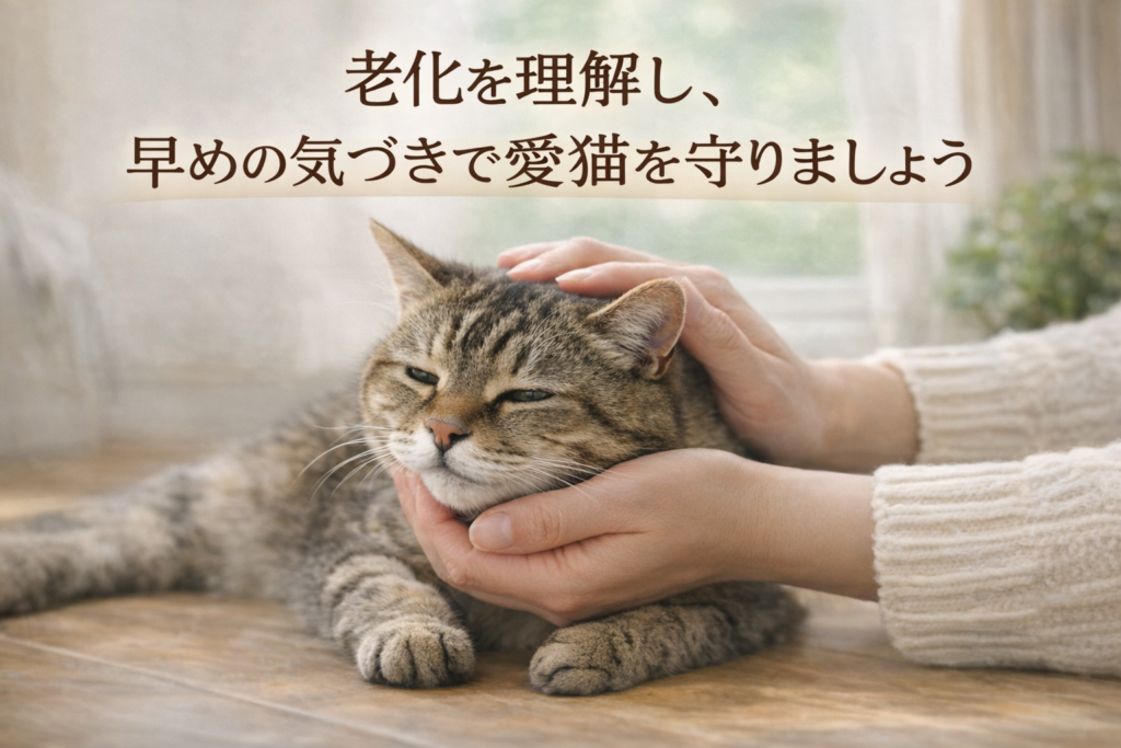 シニア猫の老化を理解し早めの気づきで健康を守る大切さを示した画像