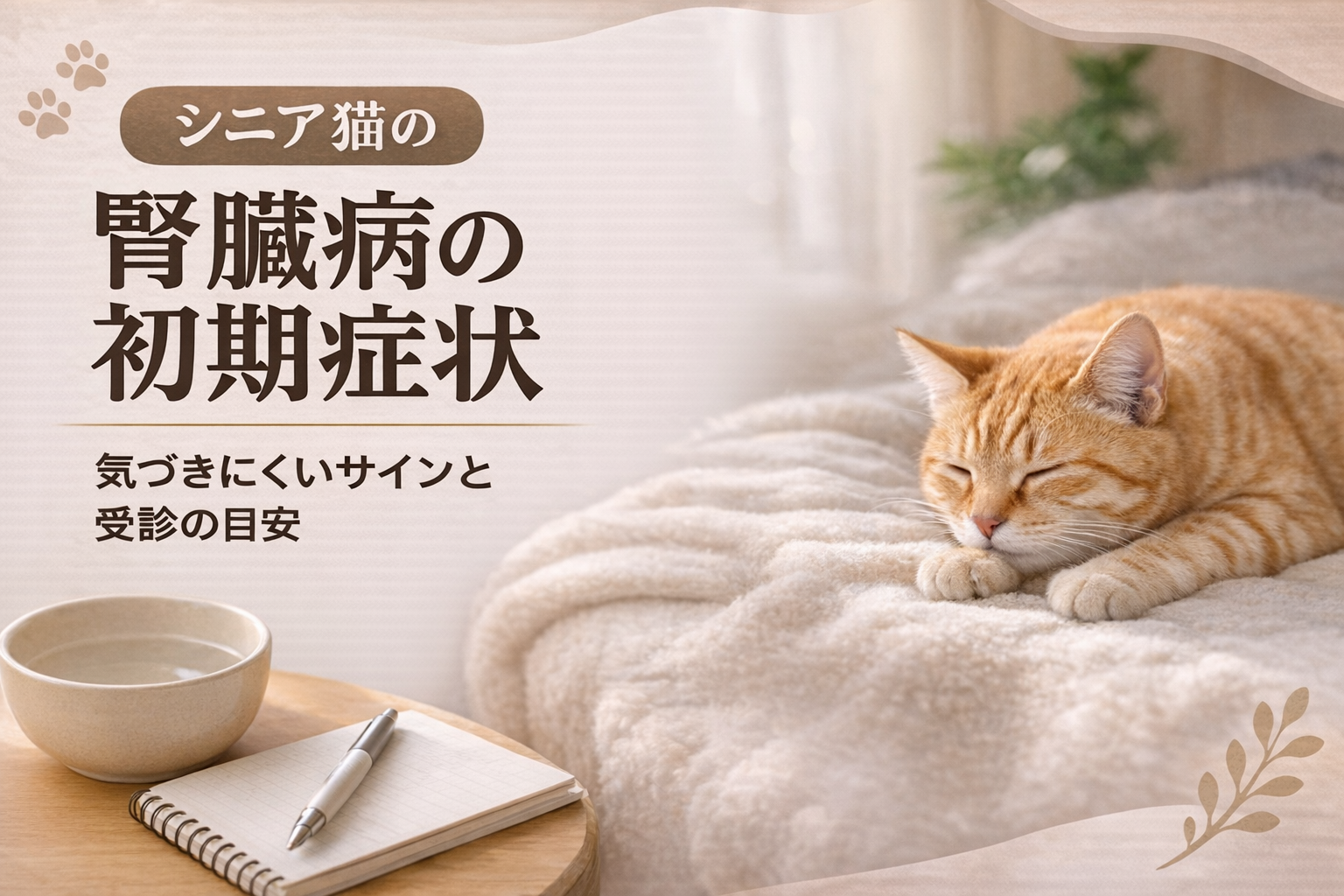 シニア猫がベッドで眠っている様子と腎臓病の初期症状を解説するアイキャッチ画像