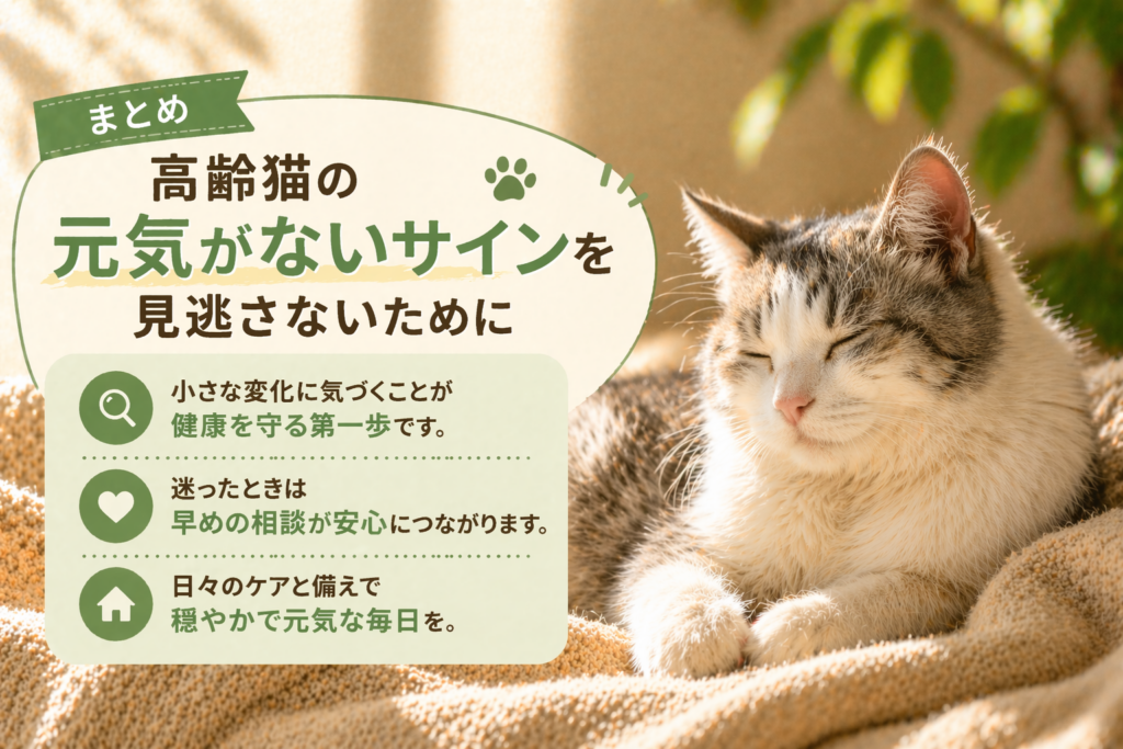 高齢猫が元気ないサインを見逃さないために小さな変化に気づき早めの相談と日常ケアが大切であることをまとめたイメージ画像
