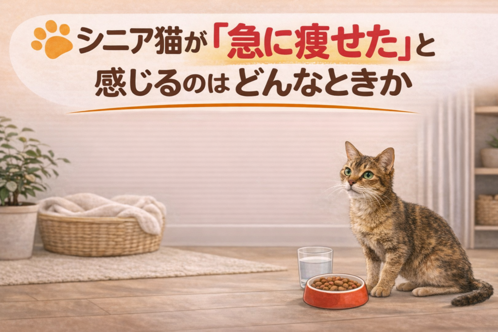 シニア猫が急に痩せたと感じる場面と体重減少のサインを示すイメージ