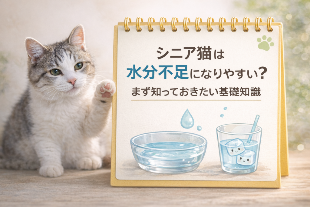 シニア猫が水分不足になりやすい理由と基礎知識をイメージした猫と水のイラスト
