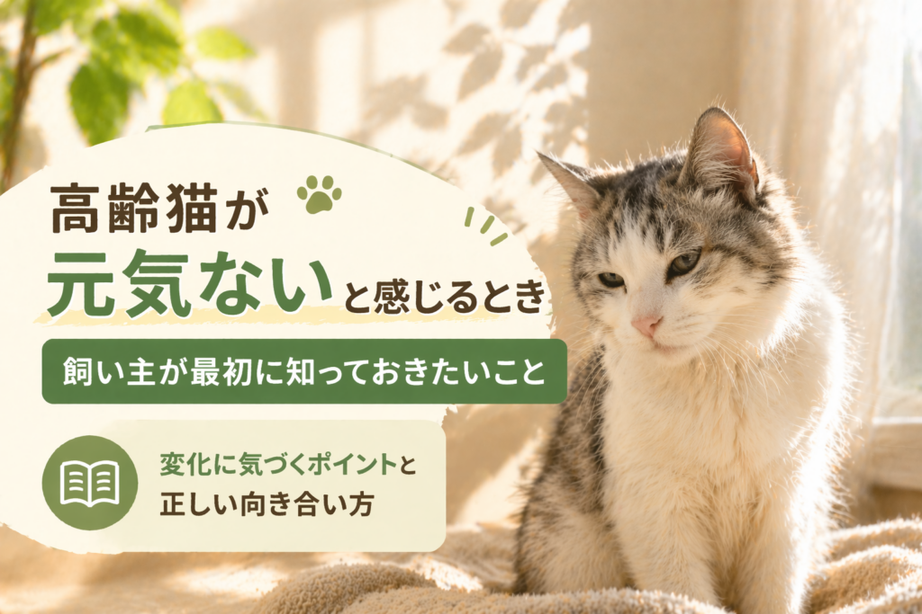 高齢猫が元気ないと感じるときに飼い主が最初に知っておきたいことと変化に気づくポイントを解説したイメージ画像