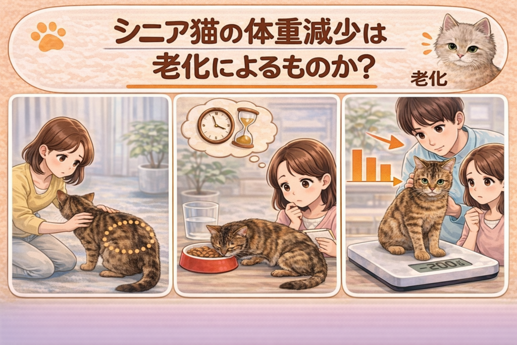 シニア猫の体重減少が老化によるものか判断するポイントを示すイメージ
