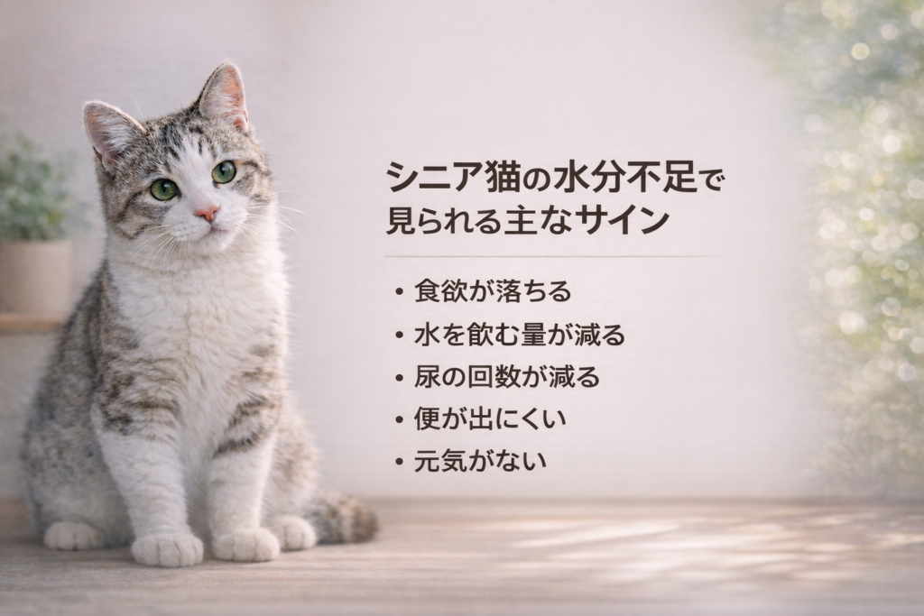 シニア猫の水分不足による症状やサインを解説するイメージ画像