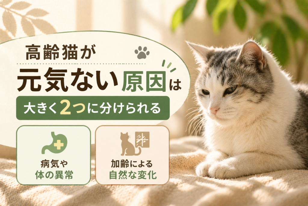高齢猫が元気ない原因は病気や体の異常と加齢による自然な変化の2つに分けられることを解説したイメージ画像