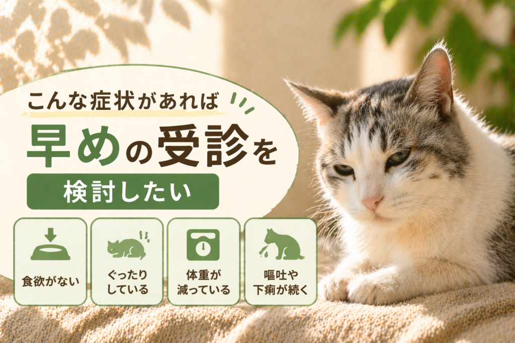 高齢猫が元気ないときに食欲低下やぐったりしている、体重減少、嘔吐や下痢などの症状があれば早めの受診を検討すべきことを示したイメージ画像