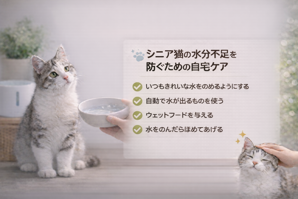 シニア猫の水分不足対策や自宅ケア方法を解説するイメージ画像