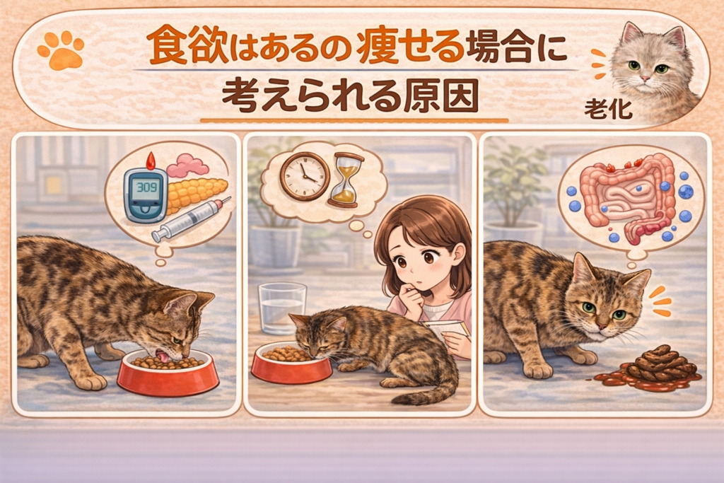 食欲はあるのに痩せるシニア猫に考えられる原因や病気を示すイメージ