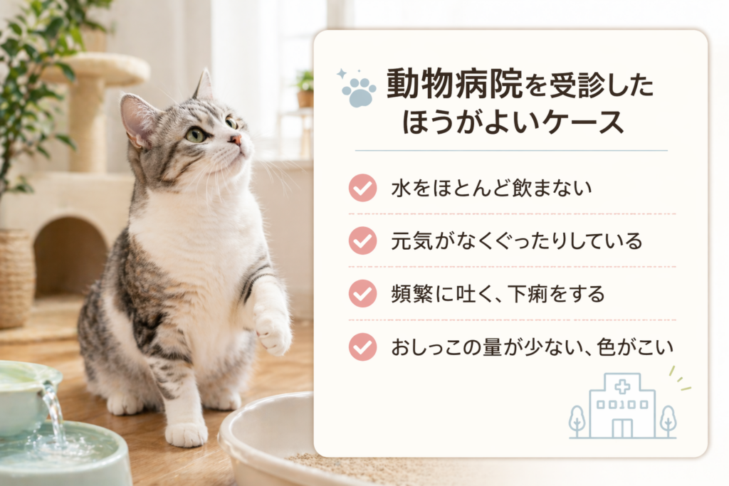 シニア猫の水分不足で動物病院を受診したほうがよいケースを示したイメージ画像