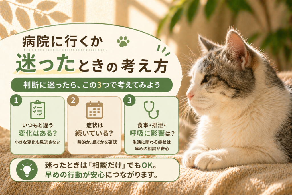 高齢猫が元気ないときに病院へ行くか迷った場合の判断基準として変化の有無や症状の継続、食事や排泄への影響を確認するポイントを解説したイメージ画像