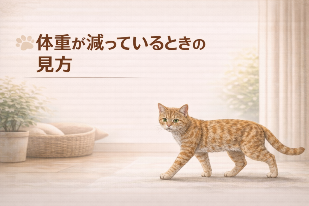 体重が減っているシニア猫の見分け方として歩き方や体の変化を示すイメージ