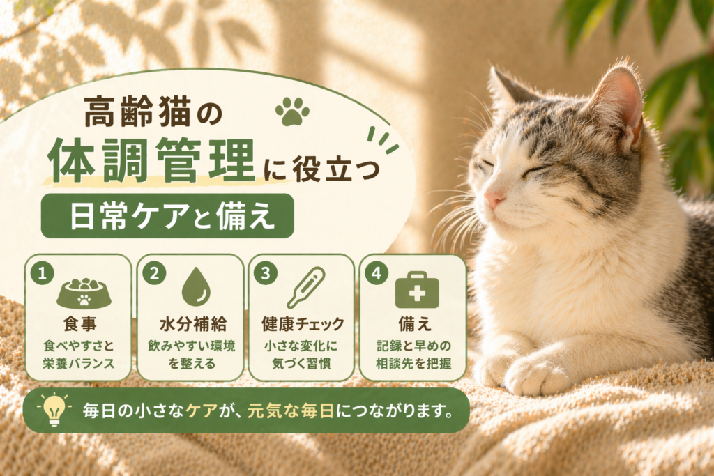 高齢猫の体調管理に役立つ日常ケアとして食事や水分補給、健康チェック、備えのポイントをまとめたイメージ画像