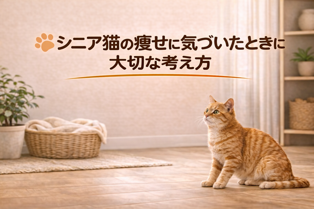 シニア猫の痩せに気づいたときに大切な考え方や対応を示すイメージ