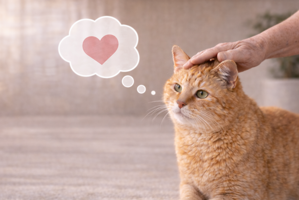 飼い主に撫でられて安心しているシニア猫｜食事や健康管理の判断に迷ったときの考え方のイメージ