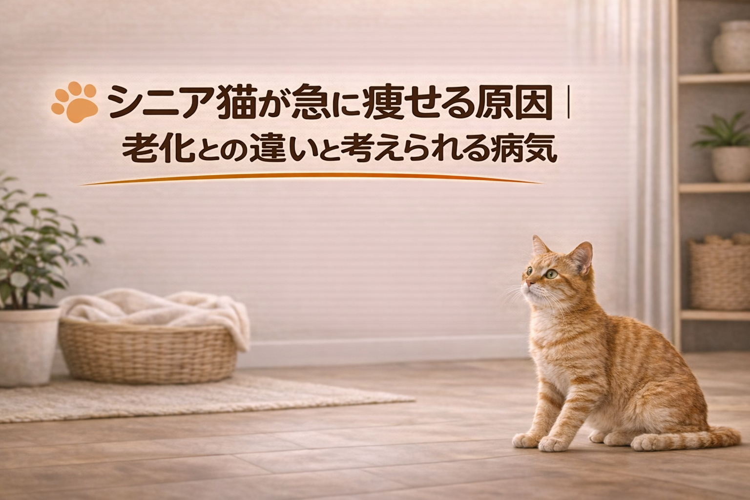 室内で座るシニアの茶トラ猫と痩せる原因を解説するイメージ