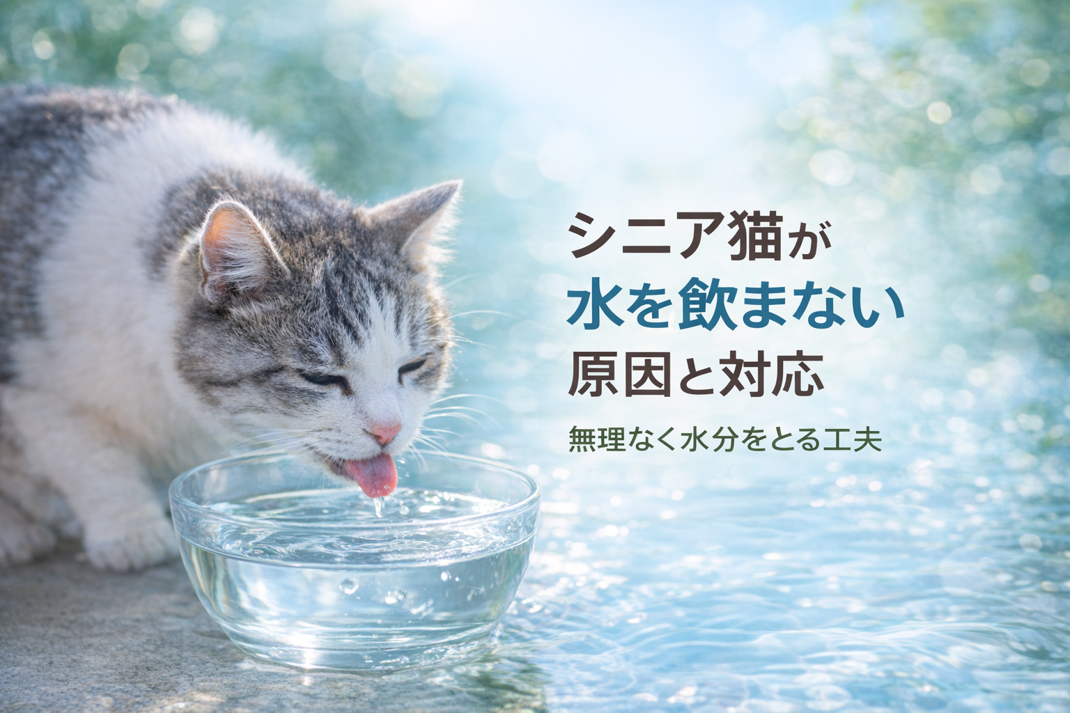 シニア猫が水を飲まない原因と対策を表した水分補給のイメージ画像