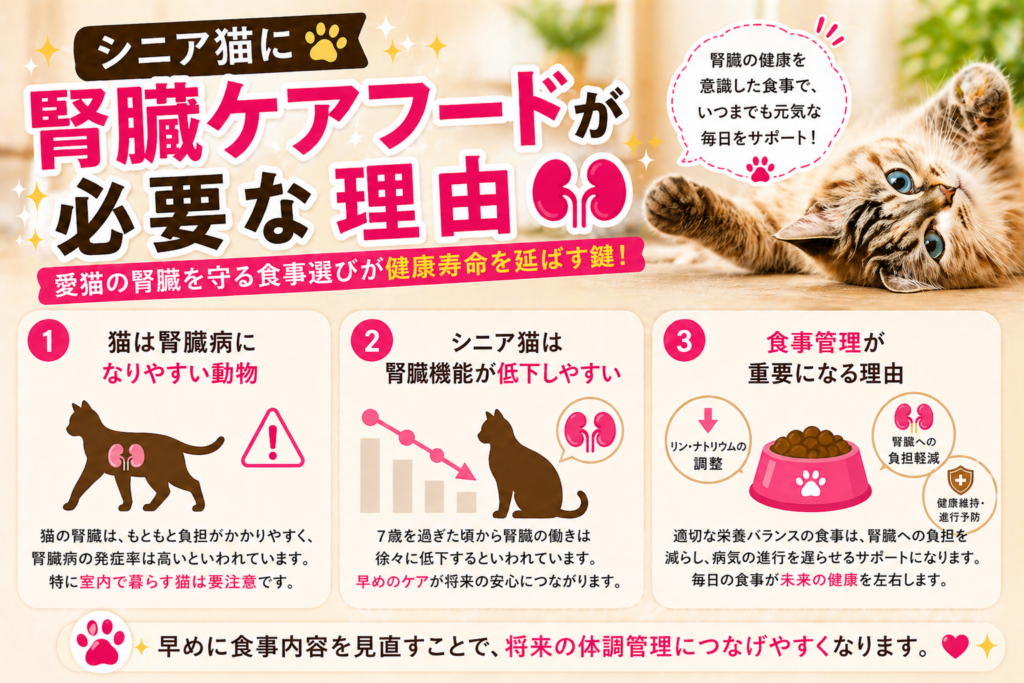 シニア猫に腎臓ケアフードが必要な理由を解説した画像（腎臓機能の低下や食事管理の重要性を紹介）