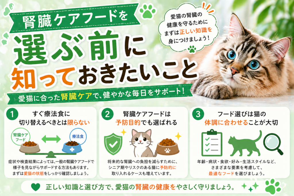 腎臓ケアフードを選ぶ前に知っておきたいポイントを解説した画像（療法食との違いや体調に合わせた選び方を紹介