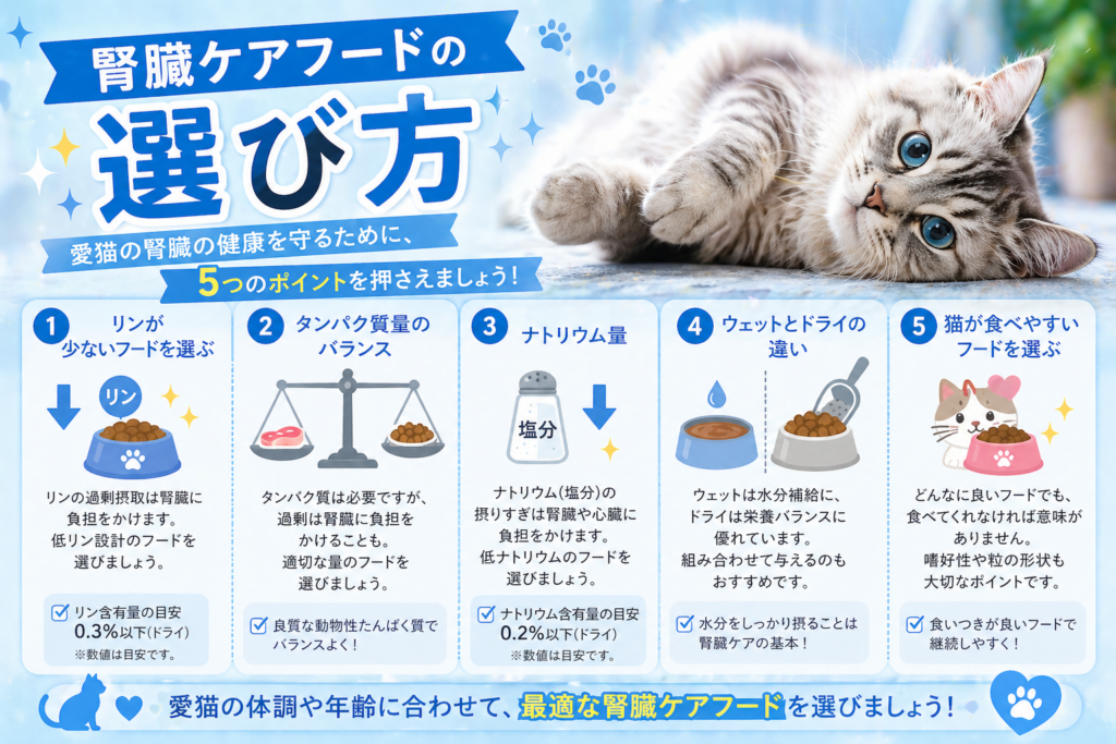 腎臓ケアフードの選び方を解説した画像（リンやナトリウム量、タンパク質バランスなど5つのポイントを紹介）