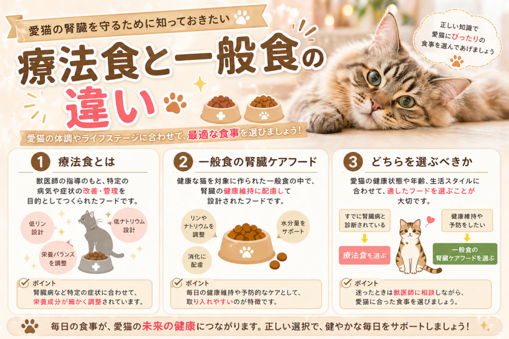 療法食と一般食の違いを解説した画像（腎臓ケアフードの特徴や選び方のポイントを紹介）
