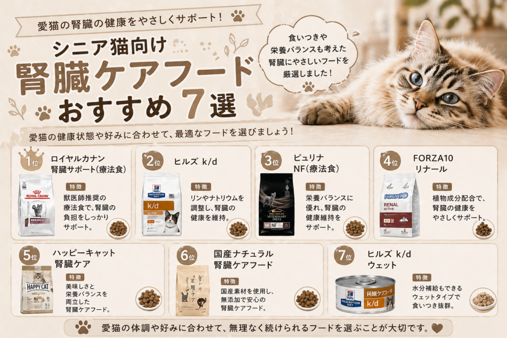 シニア猫向け腎臓ケアフードおすすめ7選を比較した画像（療法食と一般食の特徴や選び方を紹介）