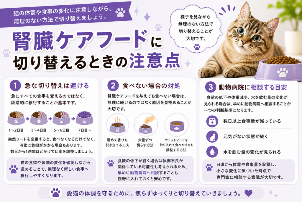 腎臓ケアフードに切り替えるときの注意点を解説した画像（急な変更を避ける方法や食べない場合の対処、受診の目安を紹介）