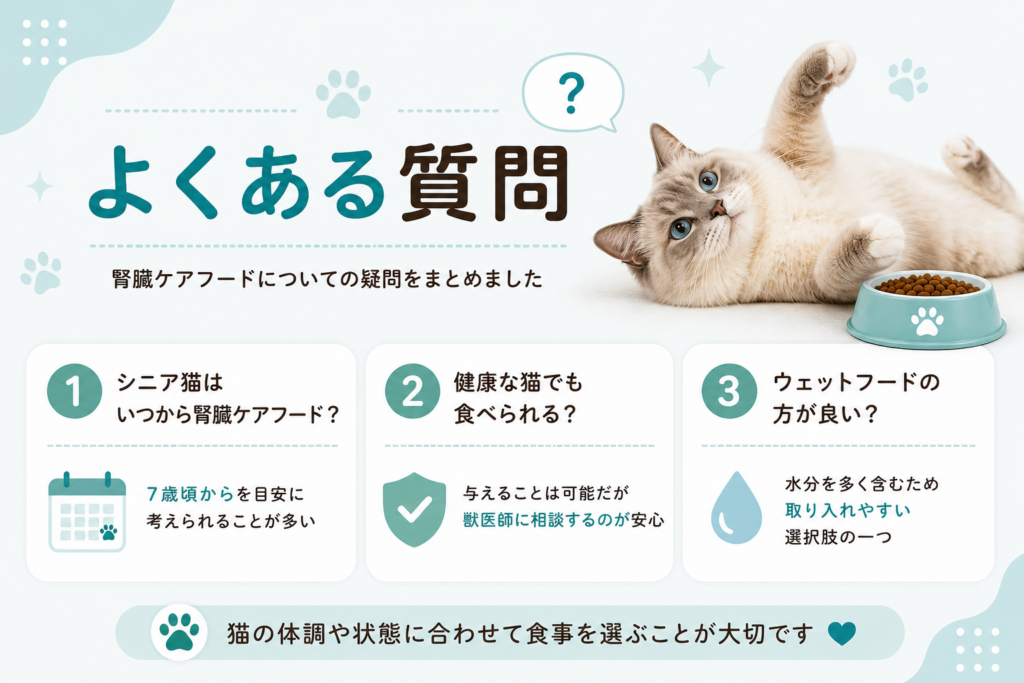 腎臓ケアフードに関するよくある質問をまとめた画像（開始時期や与え方、ウェットフードの特徴を解説）