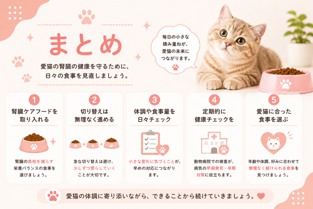 シニア猫の腎臓ケアフードの選び方と注意点を総まとめした画像（体調に合わせた食事選びの重要性を解説）