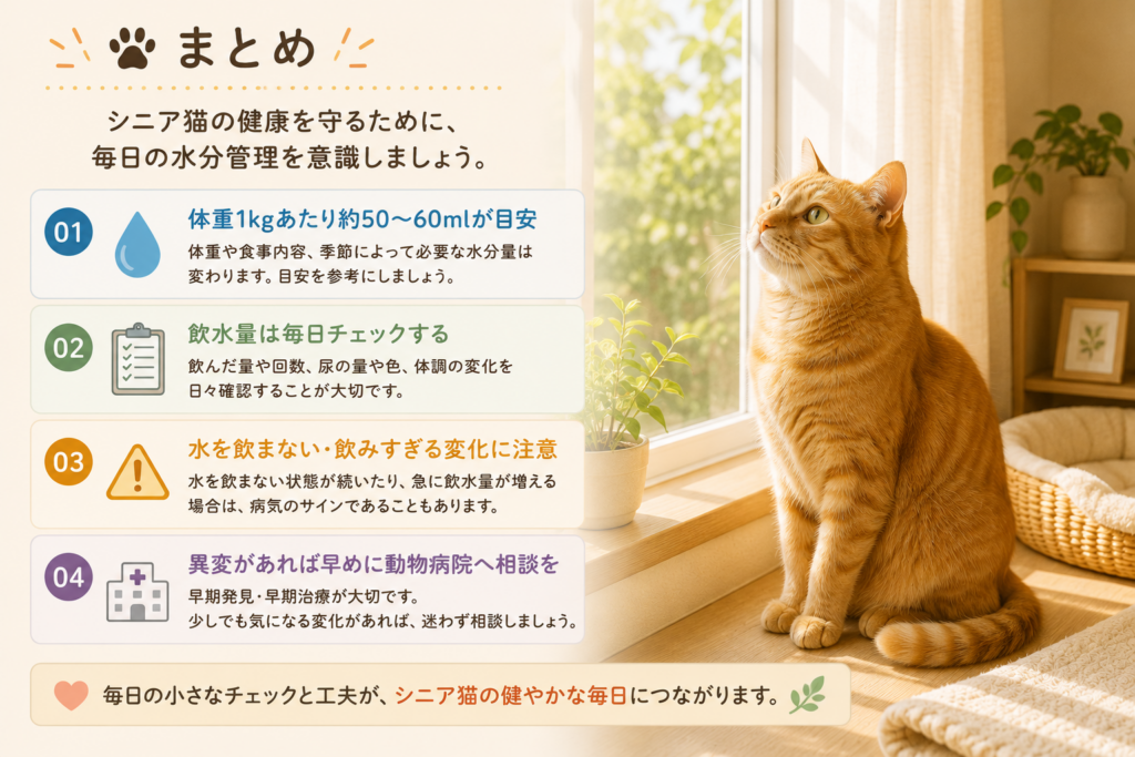 シニア猫の1日の水分量や健康管理のポイントをまとめた茶トラ猫の画像