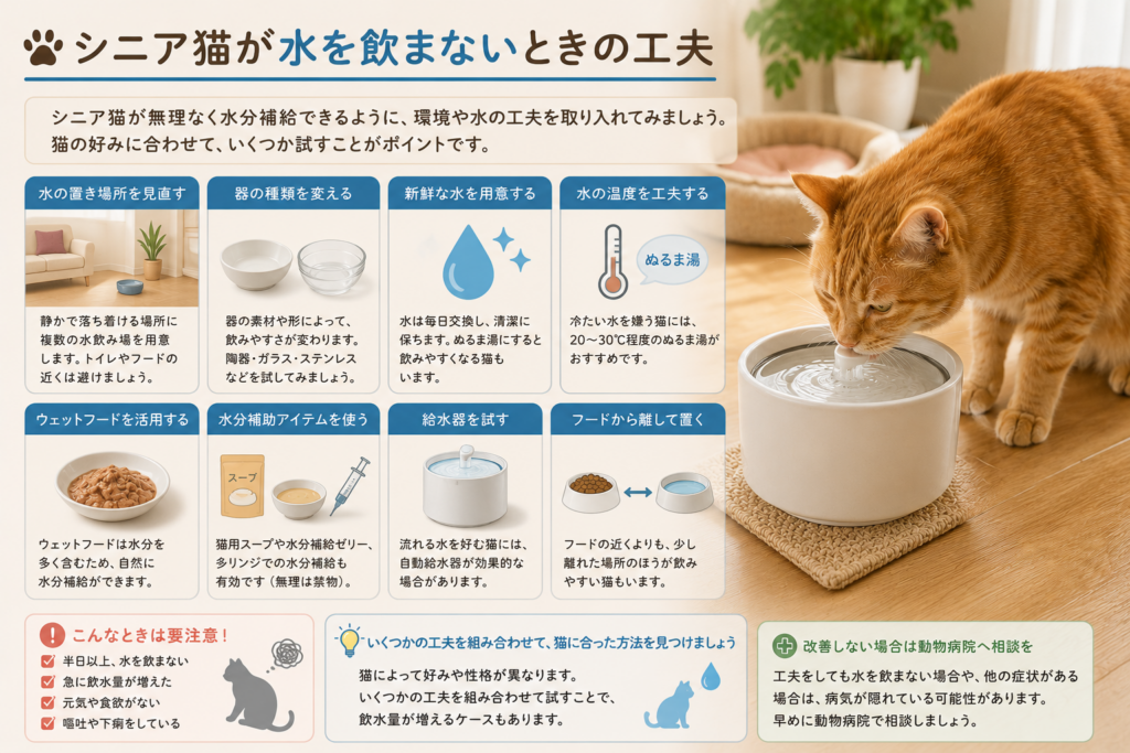 シニア猫が水を飲まないときの工夫や水分補給をイメージした茶トラ猫の画像