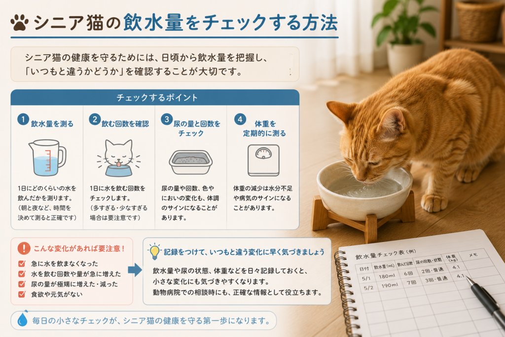 シニア猫の飲水量をチェックし、毎日の健康状態を確認する様子をイメージした茶トラ猫の画像