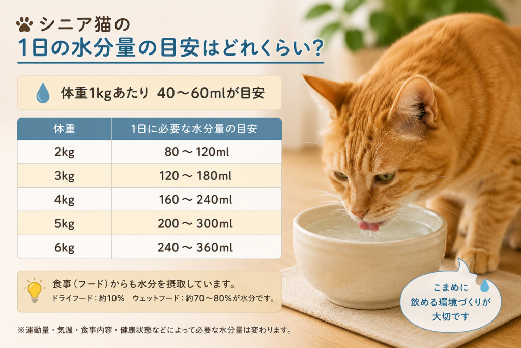 シニア猫の1日の水分量の目安や体重別の飲水量をイメージした茶トラ猫の画像
