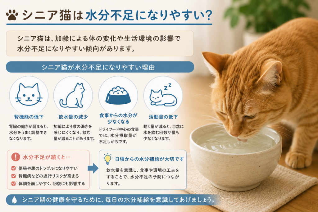 シニア猫が水分不足になりやすい理由や脱水のリスクをイメージした茶トラ猫の画像