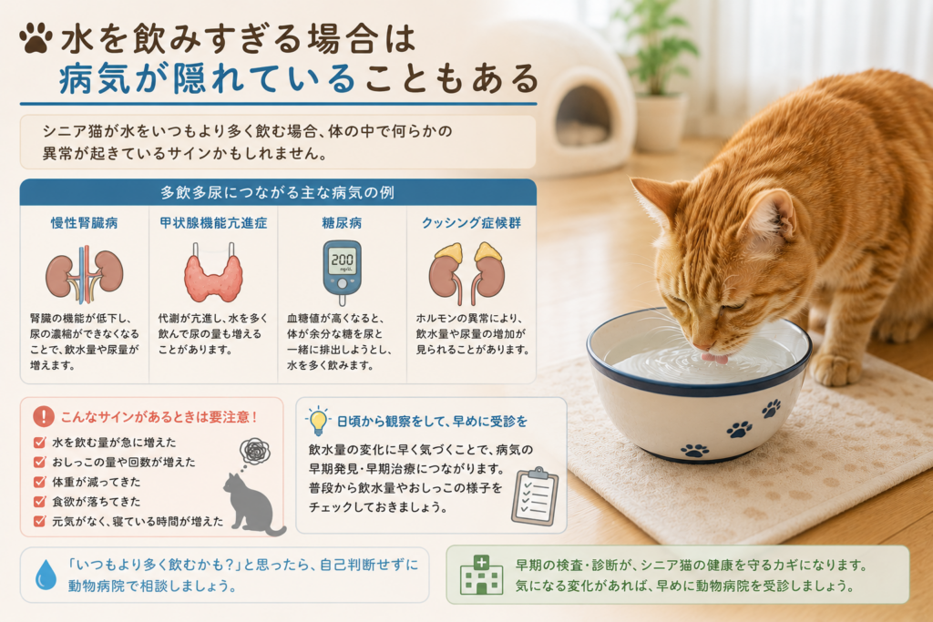 シニア猫が水を飲みすぎる原因や病気の可能性をイメージした茶トラ猫の画像