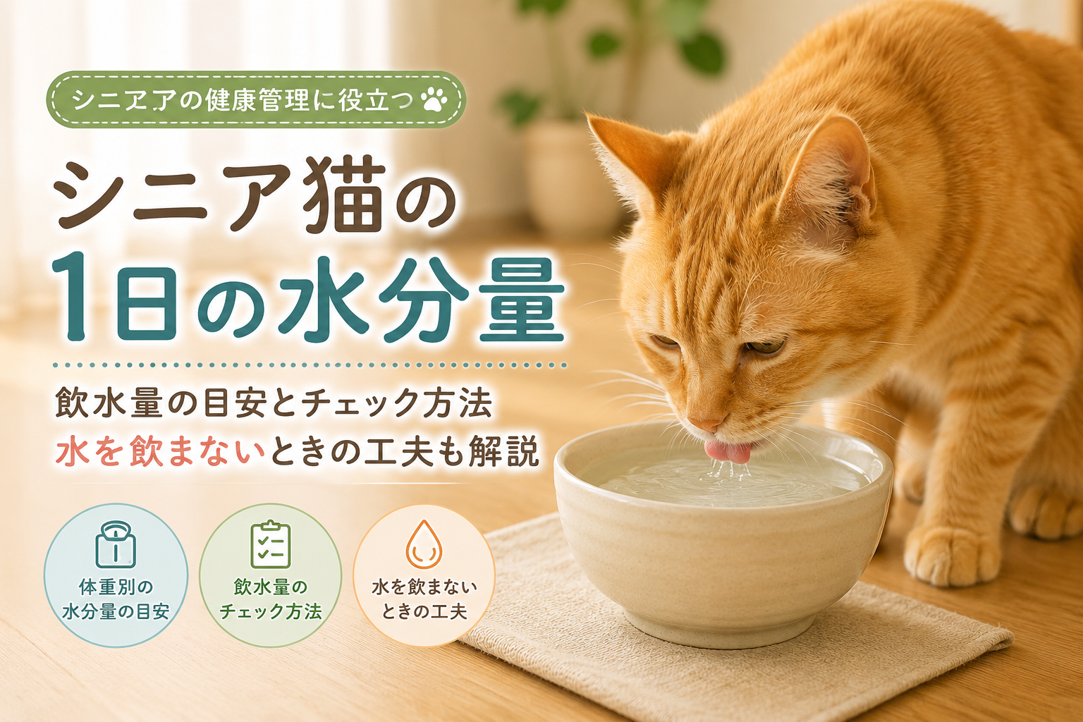 シニア猫の1日の水分量や飲水量の目安をイメージした茶トラ猫のアイキャッチ画像